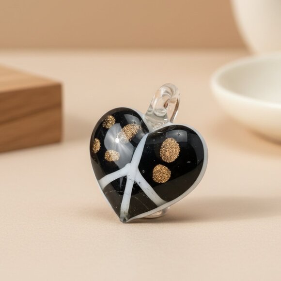 Women's Artisan Glass Heart Peace Sign Pendant Charm Black White Gold - Picture 2 of 4